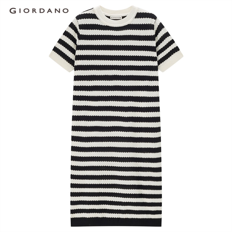 GIORDANO Đầm Dệt Kim Ngắn Tay Họa Tiết Kẻ Sọc Màu Tương Phản Cho Nữ 18463912