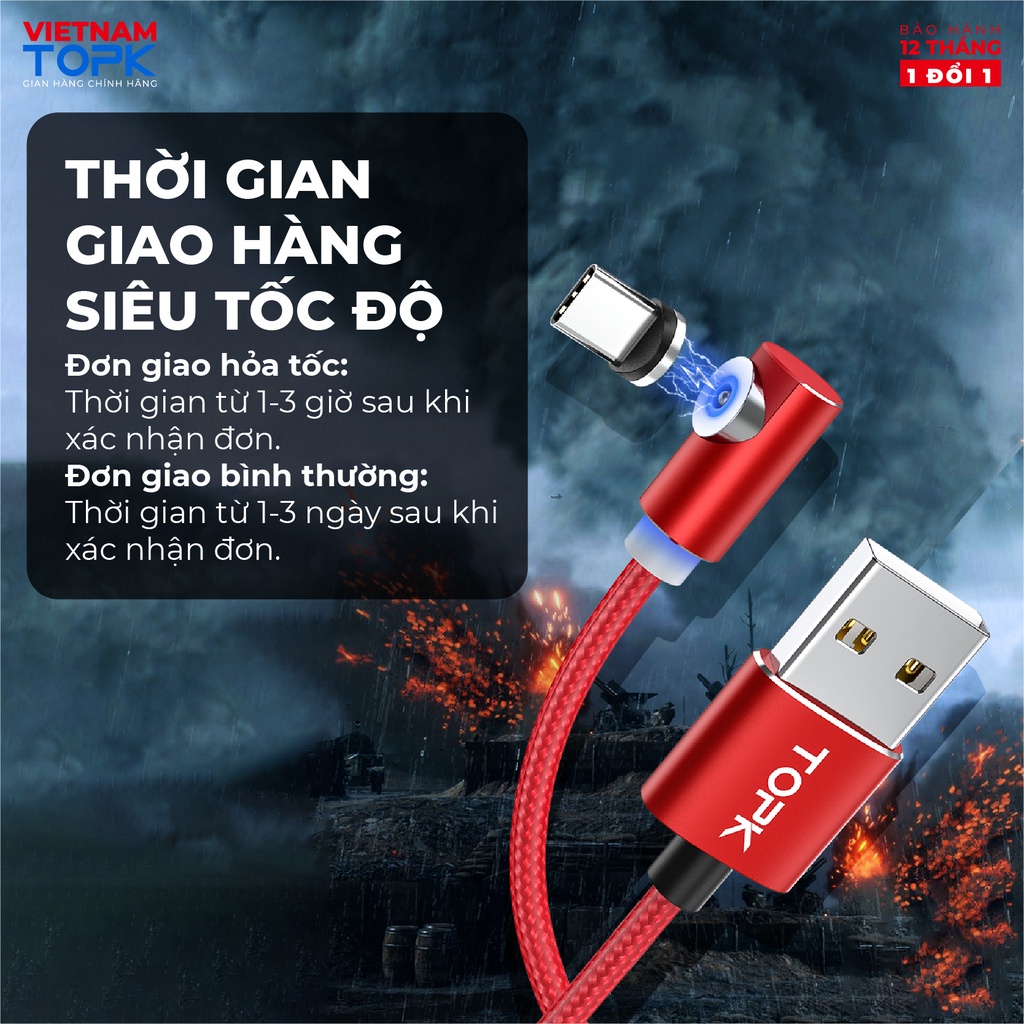 Dây sạc nam châm Yoobao (TOPK AM51) 15W - Đầu vuông góc có đèn LED Chính Hãng - Bảo hành 12 tháng