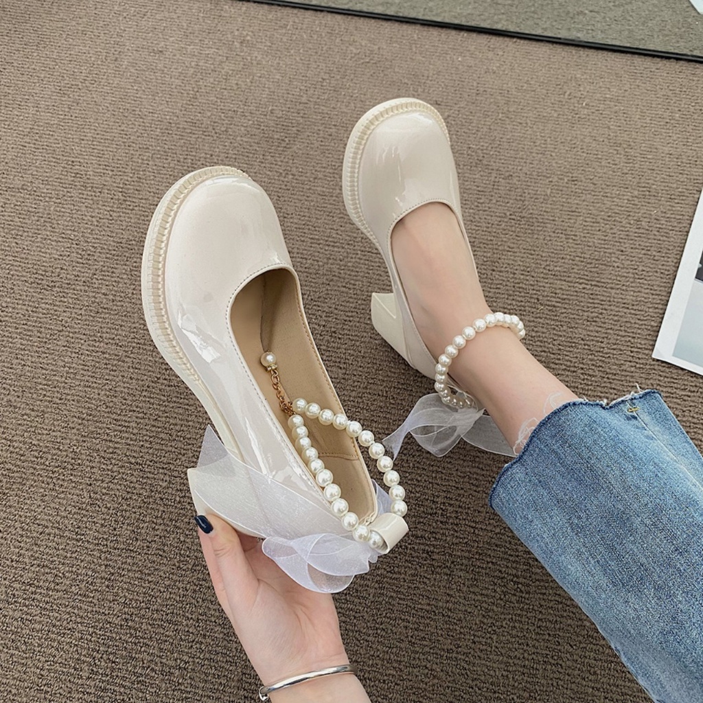 Giày nữ quai ngọc lụa da bóng mũi tròn gót 5f đế nhẹ phong cách sang chảnh thanh lịch