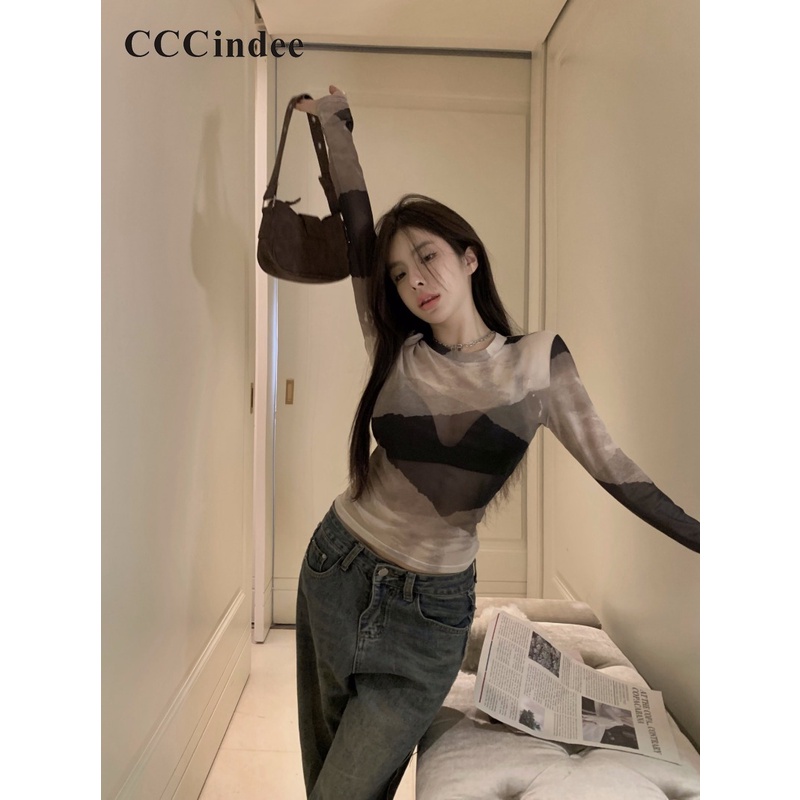 Áo Thun Dáng Ôm Phối Lưới Xuyên Thấu Phối Màu Tương Phản Thời Trang Mới 2023 Dành Cho Bạn Nữ