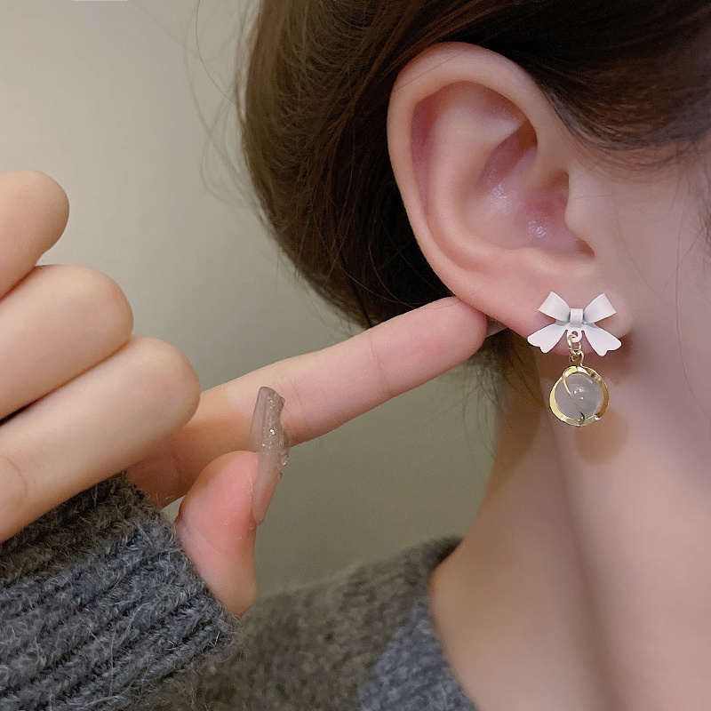 Bông Tai Mạ Bạc 925 Hình Nơ Đính Đá Opal Sang Trọng YR