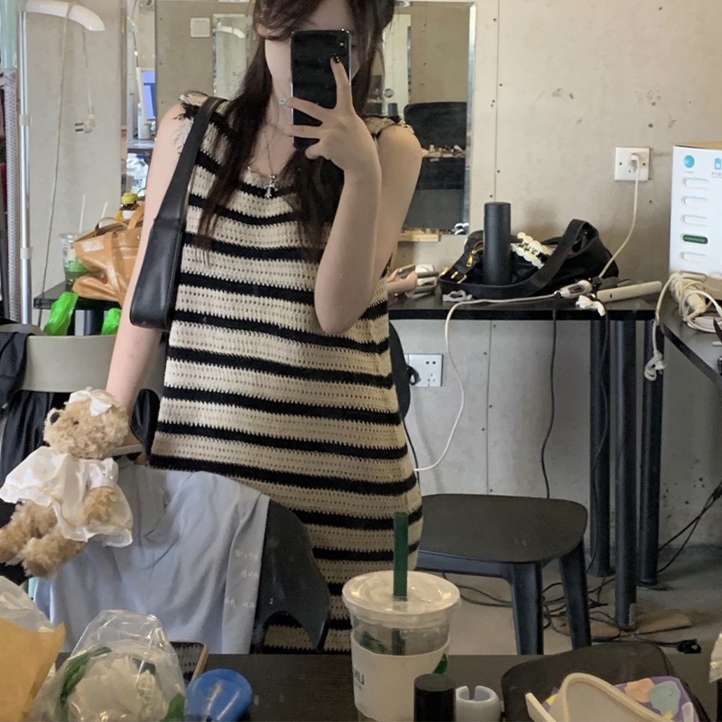 Đầm Dài Qua Gối Không Tay Cổ Tròn Họa Tiết Kẻ Sọc Màu Sắc Tương Phản Thời Trang Mùa Hè Dành Cho Nữ