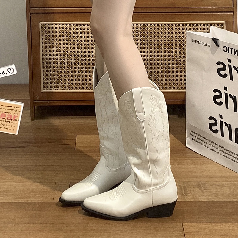 Giày Bốt Cao Bồi Mũi Nhọn Màu Trắng Phong Cách Retro Phương Tây Thời Trang Mùa Hè 2023 Mới