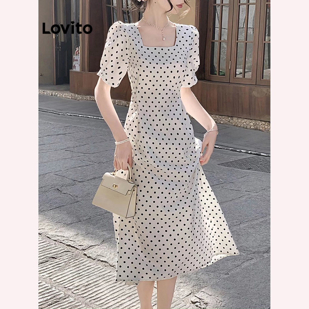 Đầm tay phồng Lovito chấm bi thanh lịch cho nữ LNE11052