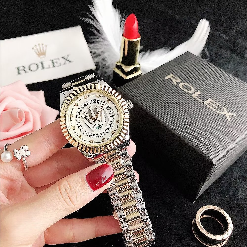 Đồng Hồ Rolex Mặt Tròn Đính Kim Cương Dây Da Thép Không Gỉ Thời Trang Cho Cặp Đôi