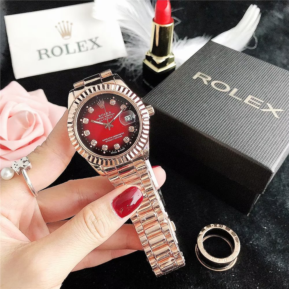 Đồng Hồ Rolex Mặt Tròn Đính Kim Cương Dây Da Thép Không Gỉ Thời Trang Cho Cặp Đôi