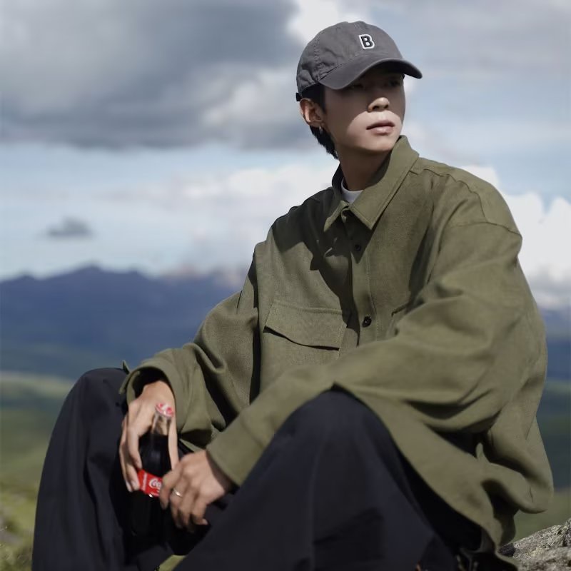 Xu hướng nhật bản-phong cách thời trang giản dị áo sơ mi người đàn ông túi lớn quá khổ unisex áo sơ mi dài tay
