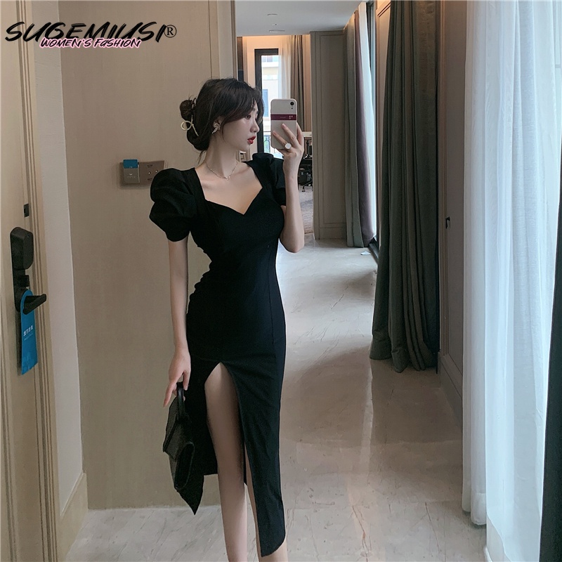 Sugemiusi Đầm Dài Dáng Ôm Tay Phồng Xẻ Tà Cao Gợi Cảm Thiết Kế Thời Trang Pháp Mùa Hè Dành Cho Bạn Nữ