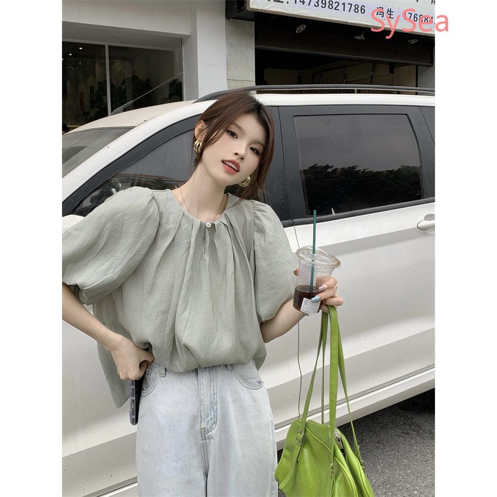 Áo sơ mi nữ tay phồng cổ tròn mùa hè