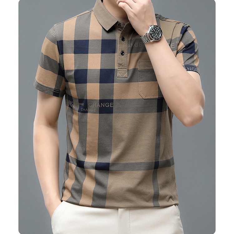 Áo Thun POLO Tay Ngắn Dáng Rộng Chất Cotton Họa Tiết Sọc Caro Thời Trang Cao Cấp Cho Nam