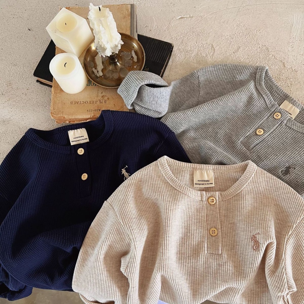 Trẻ em t-shirt mùa thu bé trai và bé gái thêu waffle dài tay bé phong cách hàn quốc cổ tròn hợp thời trang áo sơ mi đáy