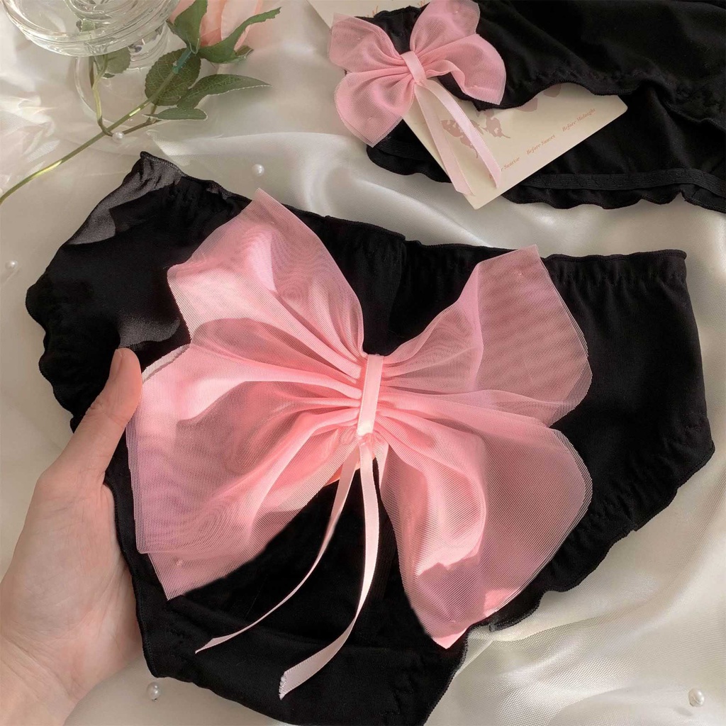 Quần Lót Cotton Lưng Thấp Phối Ren Đính Nơ Thoáng Khí Quyến Rũ Cho Nữ
