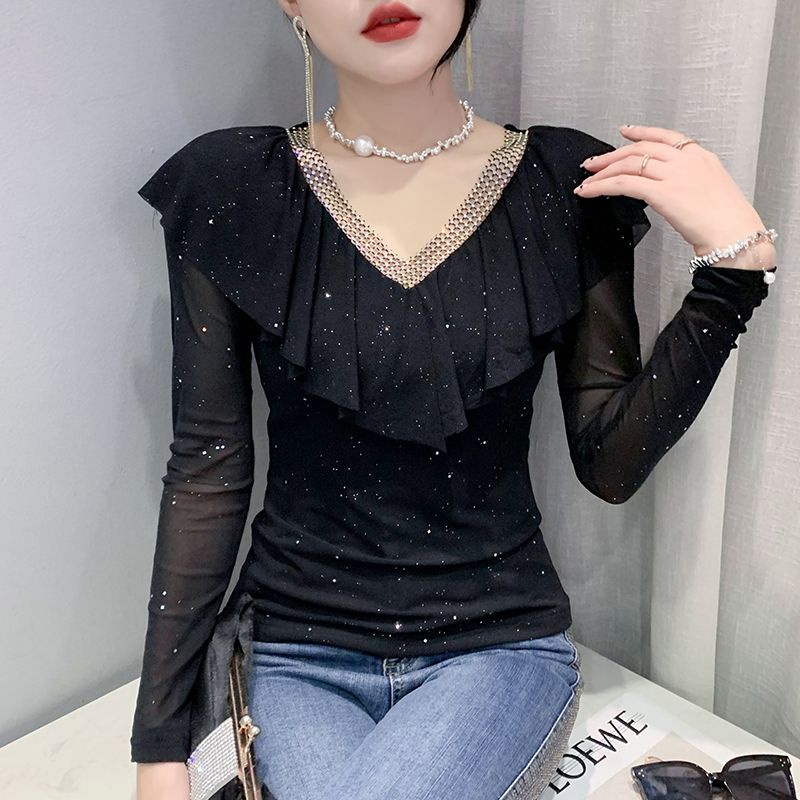 Áo Kiểu Tay Dài Cổ Chữ v Dáng Ôm Phối Bèo Đính Đá Họa Tiết Bầu Trời Đầy Sao Thời Trang Xuân Thu Cho Nữ