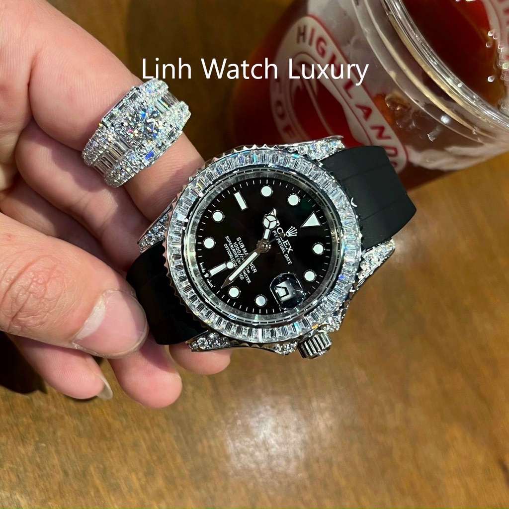 Đồng Hồ Nam R0lex Submariner viền đá CZ, Dây cao su, Máy cơ automatic, Hỗ trợ cót tay