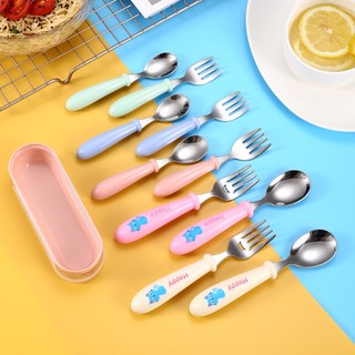 Phim hoạt hình 304 bộ đồ ăn trẻ em bằng thép không gỉ bộ nĩa muỗng hộp tròn tay cầm hoa văn dễ thương cho trẻ em bộ đồ ăn quà tặng sinh nhật