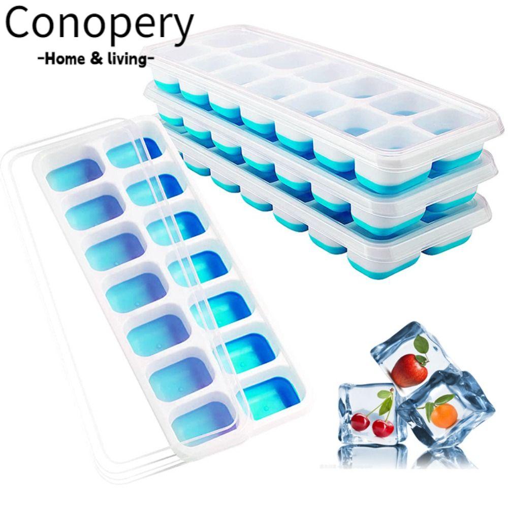 Conopery 4 gói khay làm đá hình khối, khuôn làm đá viên không chứa bpa dễ dàng, có nắp đậy máy làm đá viên silicon có thể xếp chồng lên nhau tủ đông cocktail
