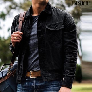 [fo] Nam fall jacket turn-down collar single-breasted buttons pocket solid color long sleeves soft streetwear men vintage coat
