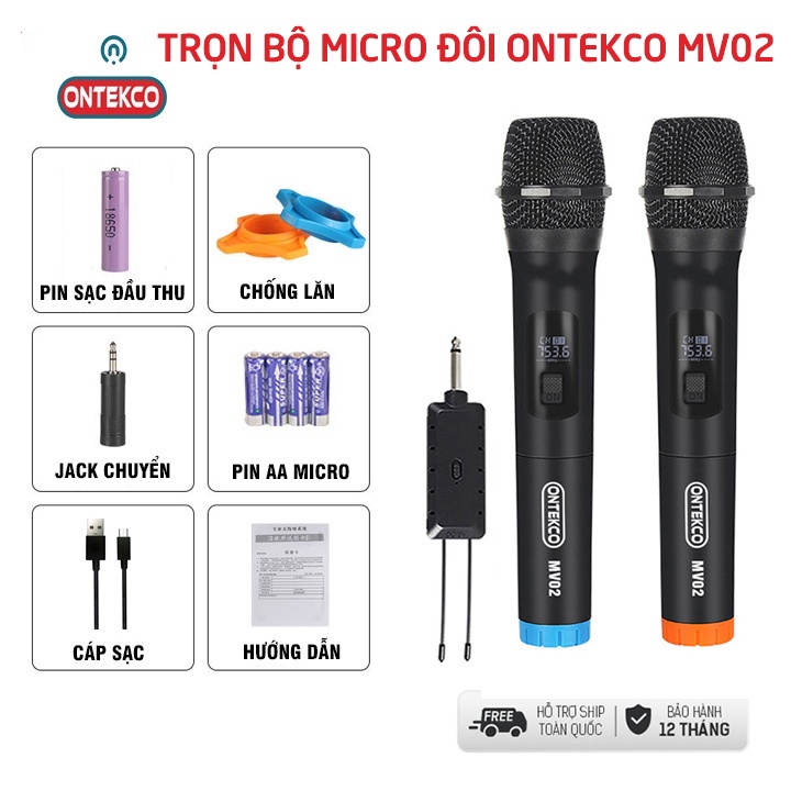 Bộ micro đôi không dây ONTEKCO MV02 hát karaoke gia đình chuyên nghiệp