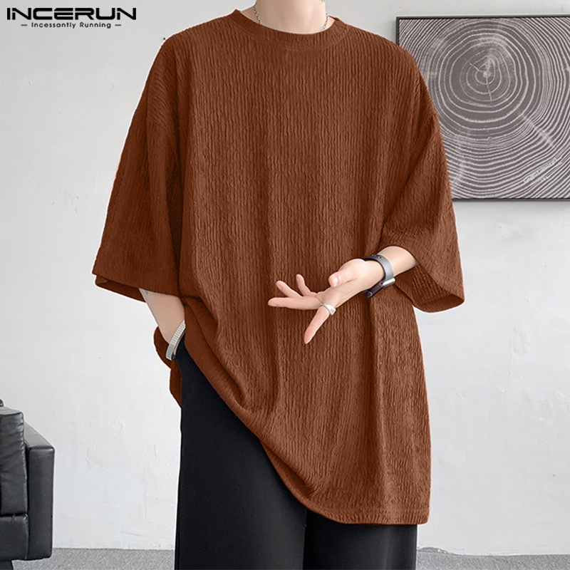 Áo thun INCERUN cổ tròn tay ngắn màu trơn phong cách Hàn Quốc dành cho nam