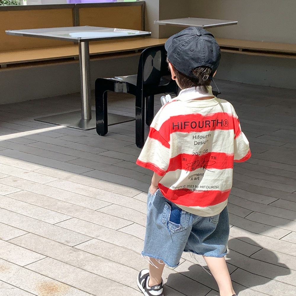 Áo sơ mi trẻ em bé trai và bé gái mẫu mùa hè đẹp trai sọc ngắn tay áo t-shirt chữ em bé in áo sơ mi đáy rời