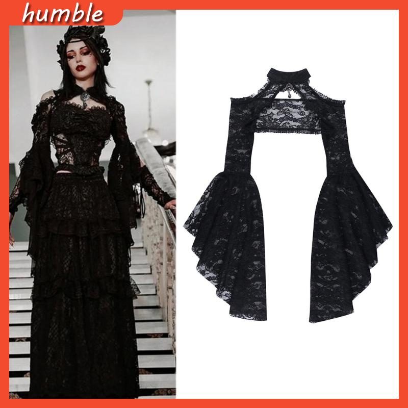 Hum women goth tops punk flare sleeves cover up sexy see through crop top girls stand collar lace t-shirt for party fest