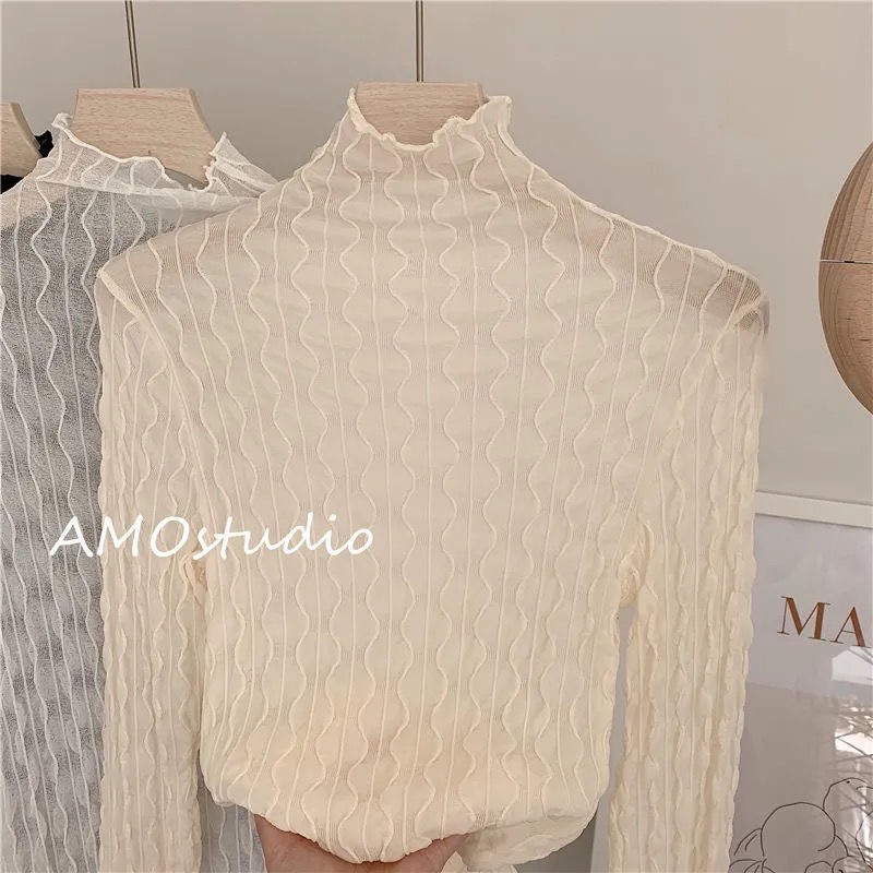 Áo Thun Ren Lưới Dài Tay Cao Cổ Mặc Lót Trong Mỏng Sexy Công Chúa Tôn Dáng Thời Trăng Nữ