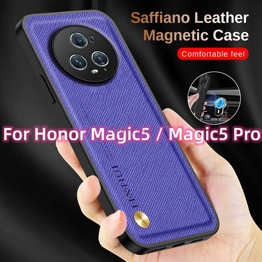 Kết cấu da trơn sang trọng vỏ da cho honor magic5 pro magic 5pro 5g 2023 máy ảnh hút tự động trên ô tô bảo vệ pc vỏ cứng doanh nghiệp vỏ điện thoại chống sốc ốp lưng