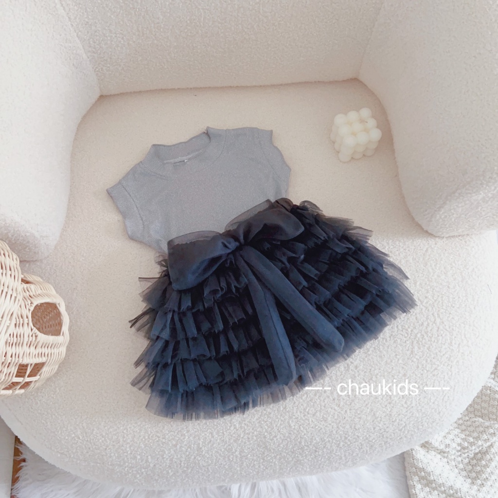 SET ÁO SÁT NÁCH TĂM PHỐI CHÂN VÁY TẦNG ĐÍNH NƠ CHO BÉ GÁI SIZE 8-18KG