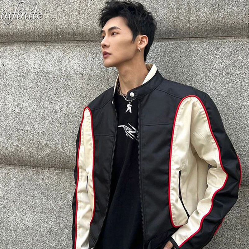 Áo khoác nam thời trang mỹ retro áo khoác xe máy lỏng màu tương phản đơn giản phù hợp với đua xe