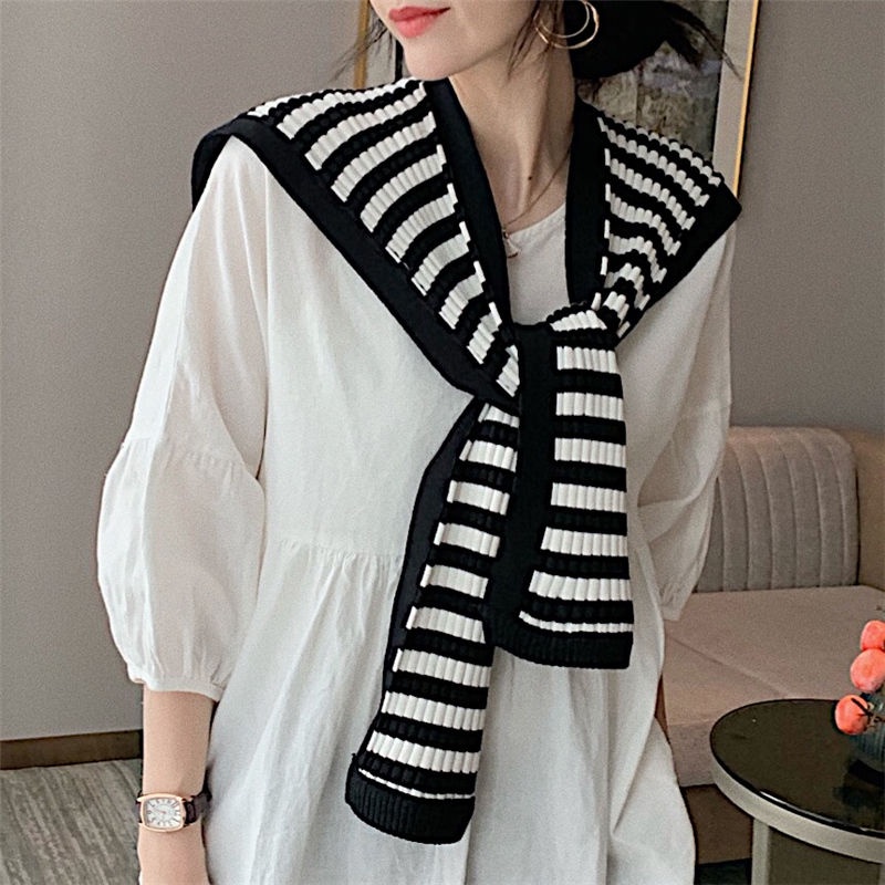 Khăn Choàng cotton Dệt Kim Kẻ Sọc Trắng Đen Nhỏ Dễ Phối Đồ Thời Trang Mùa Xuân Cho Nữ