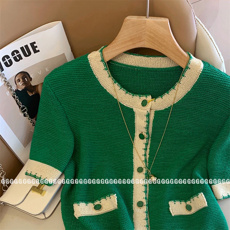 Áo khoác len dệt kim kiểu pháp t-shirt color-blocking loose short-sleeved top wade