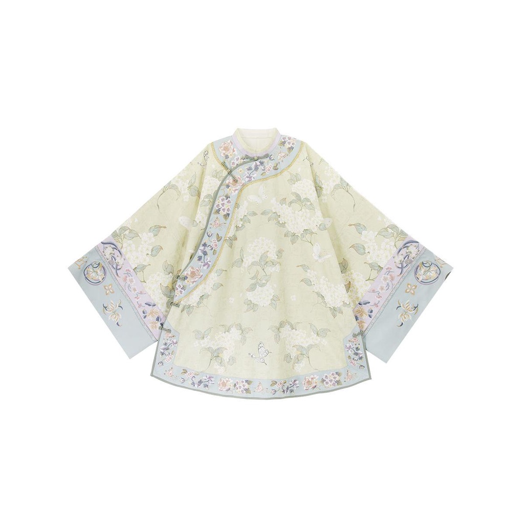 Sanchun qingmeng 2023 mùa xuân phong cách mới phục hồi cảm giác đầy đủ cardigan công nghiệp nặng in ngược tay áo lớn sườn xám thanh hán hàng đầu của phụ nữ