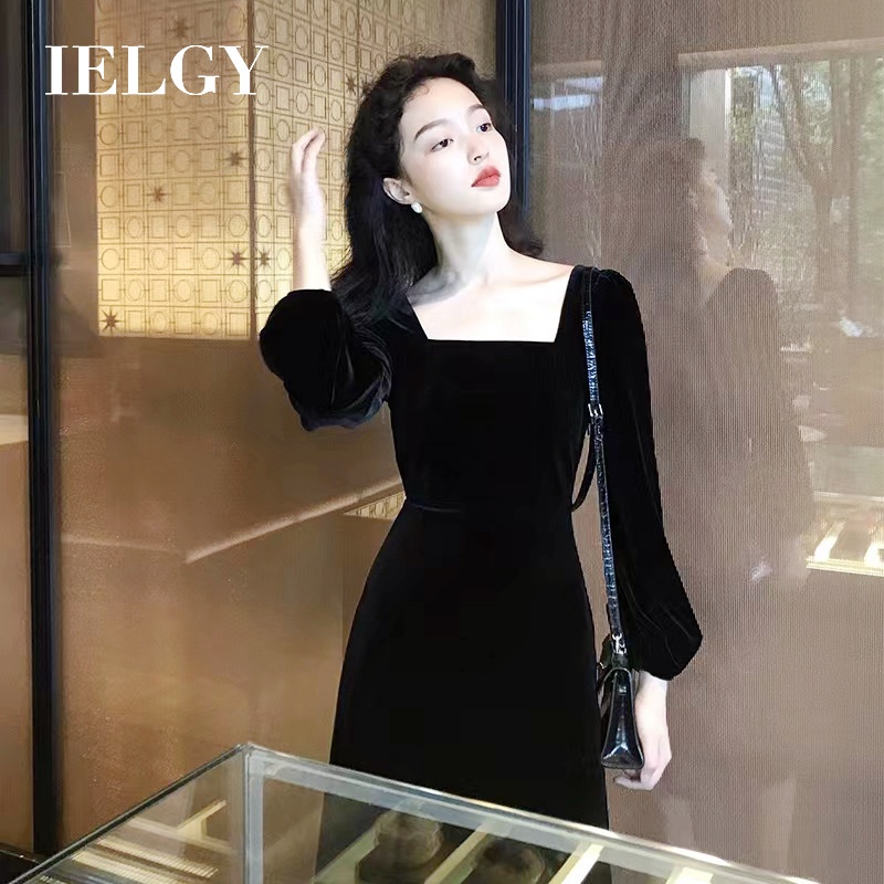 Đầm IELGY chất nhung cổ vuông bó eo thời trang mùa thu kiểu Pháp retro nhẹ nhàng cho nữ