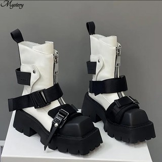 Leather martin boots women's square-toe color-block platform boots dây kéo phía trước