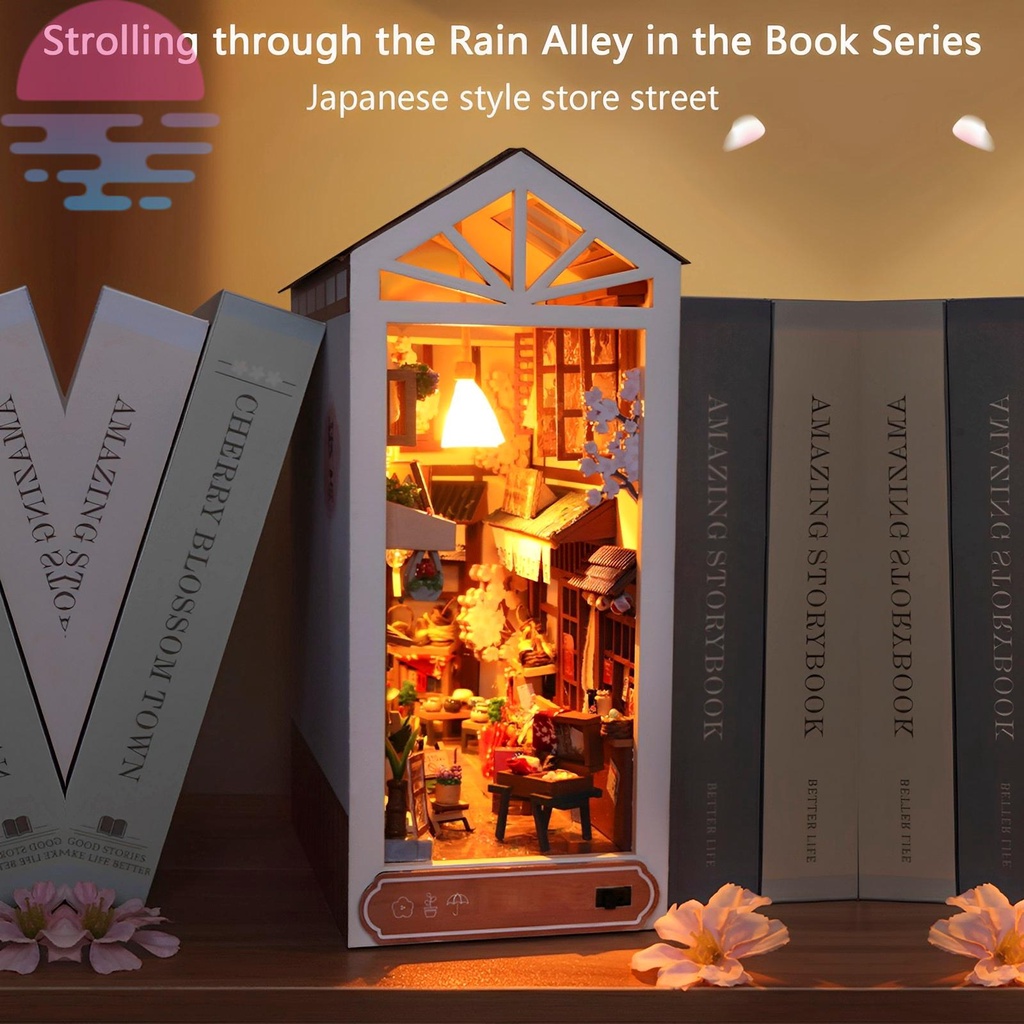 Diy book nook kit giá sách xếp hình bằng gỗ 3d chèn trang trí với đèn led diy miniature dollhouse model kit shopskc3583