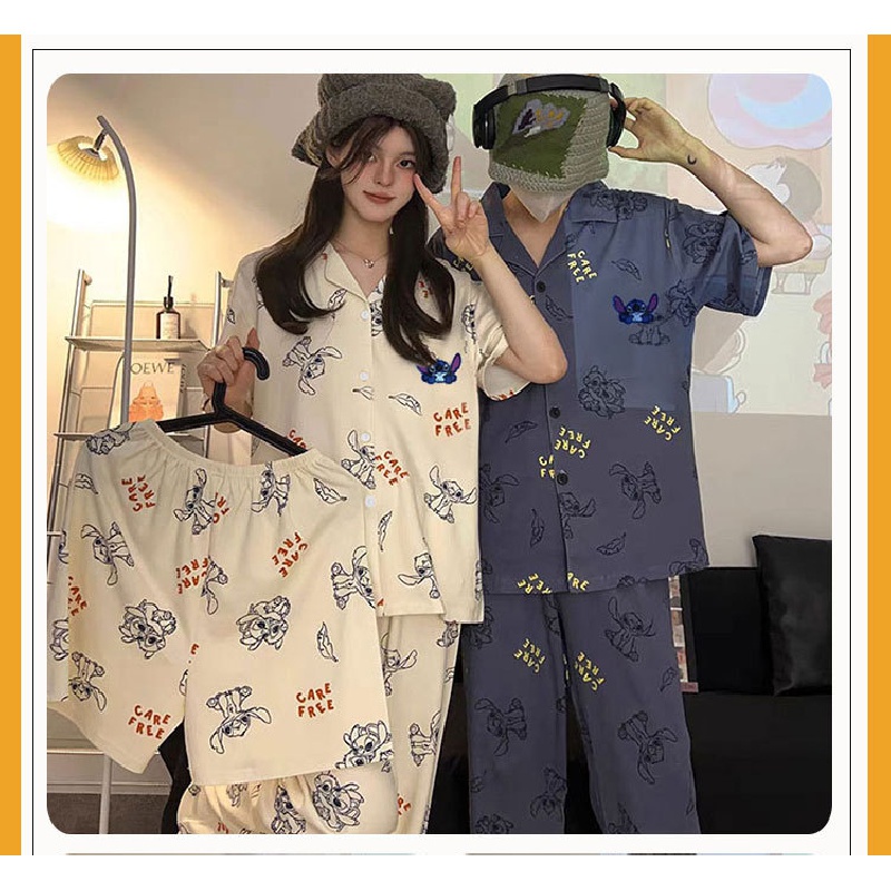 Bộ pijama đồ đôi Bộ đồ ngủ phi bóng dành cho cặp đôi Stitch cartoon couple pyjamas pure cotton short-sleeved high-end loungewear three-piece set