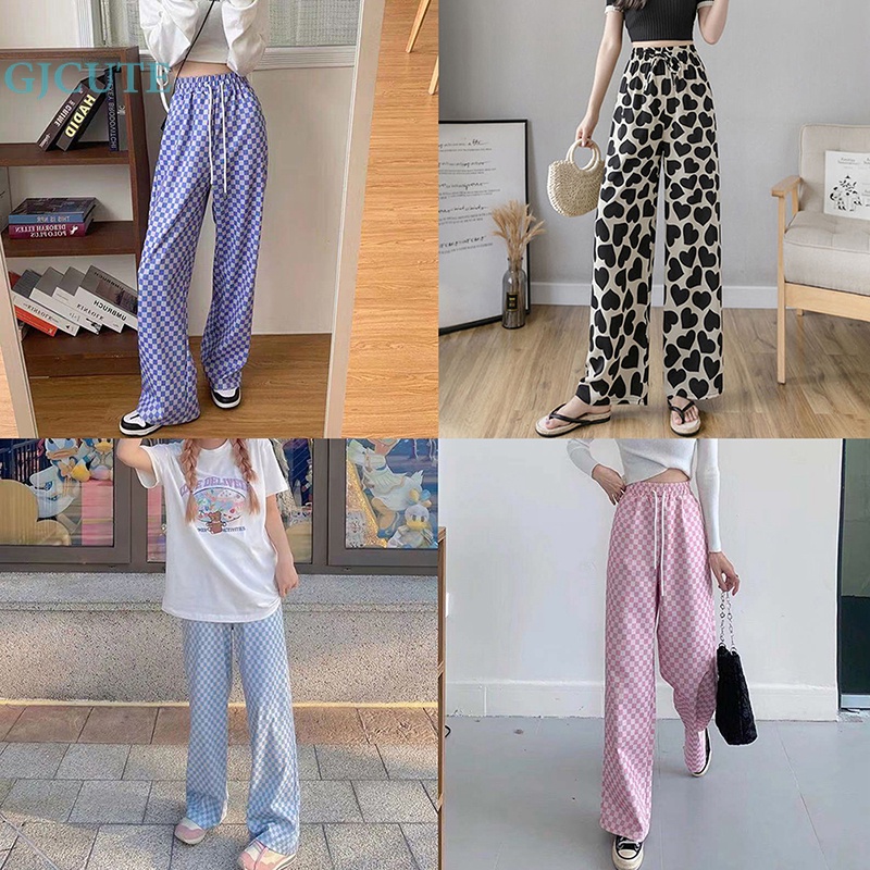 Gjcute quần kẻ sọc phụ nữ quần âu kẻ caro quần thẳng thun eo quần bó sát phụ nữ chạy bộ quần mô hình trái tim quần mỏng wtd