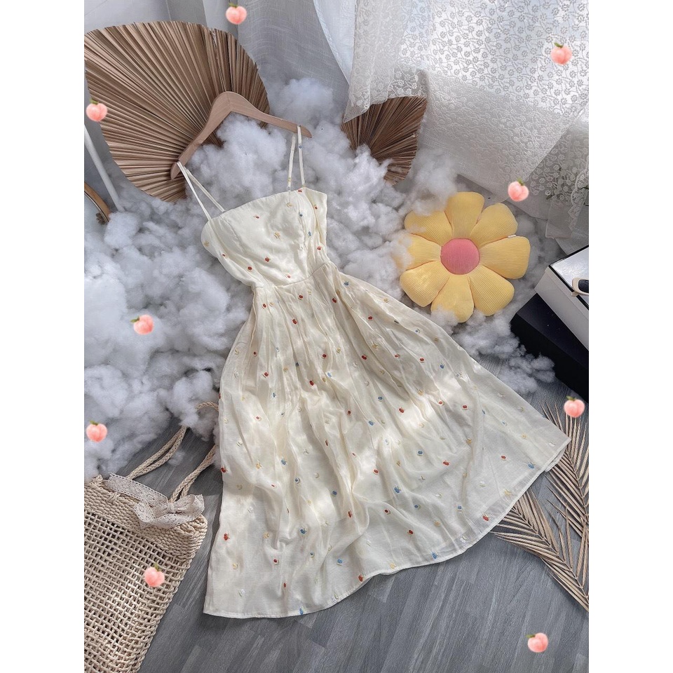 Đầm 2 dây maxi hoa thêu chun kem