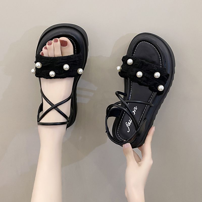 Giày Sandal Đi Biển Đế Phẳng Dày Dặn Gót Thấp Đính Ngọc Trai Thời Trang 2023 Cho Nữ
