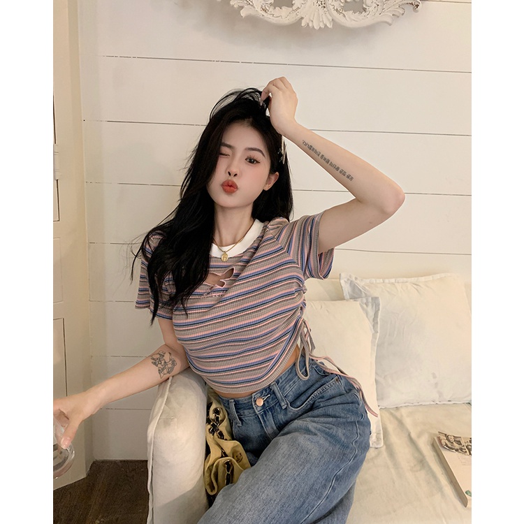 Áo Thun Ngắn Tay Dây Rút Họa Tiết Kẻ Sọc Tương Phản Thời Trang Mùa Hè Mới Cho Nữ