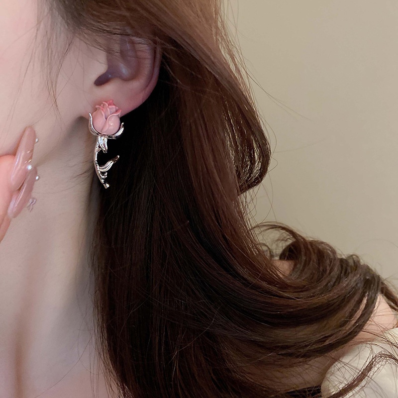 Bông Tai Mạ Bạc Hình Hoa Hồng Ngọt Ngào Dễ Thương