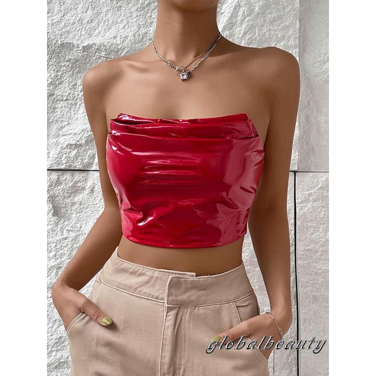 Áo Ống 00GB Bằng Da PU Màu Trơn Không Dây Quấn Ngực Có Khóa Kéo Thời Trang Mùa Hè Cho Nữ