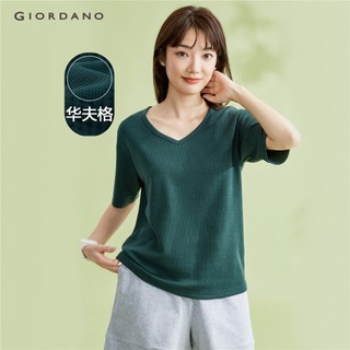 Áo thun nữ GIORDANO 05323453 chất liệu waffle cổ chữ V tay ngắn đơn sắc