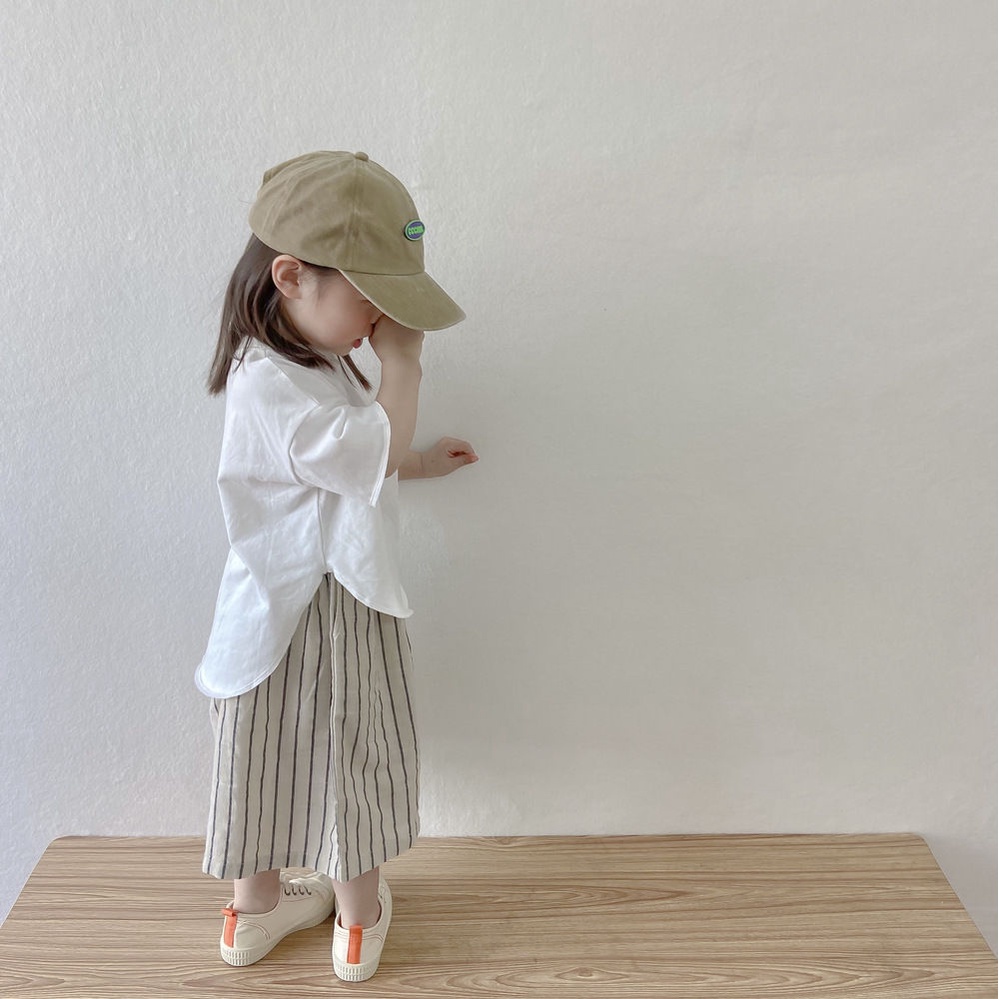 BABEPROUD Set đồ áo thun cotton trắng và quần dài ống rộng kẻ sọc thời trang Hàn Quốc cho bé gái 0-6 tuổi (có bán lẻ)