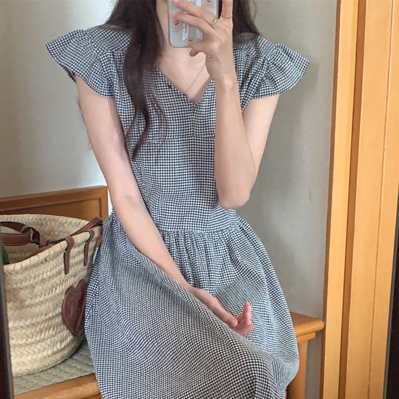 SUXI Đầm Dài Dáng Chữ A Tay Loe Cổ Chữ V Họa Tiết Sọc Caro Phong Cách Vintage