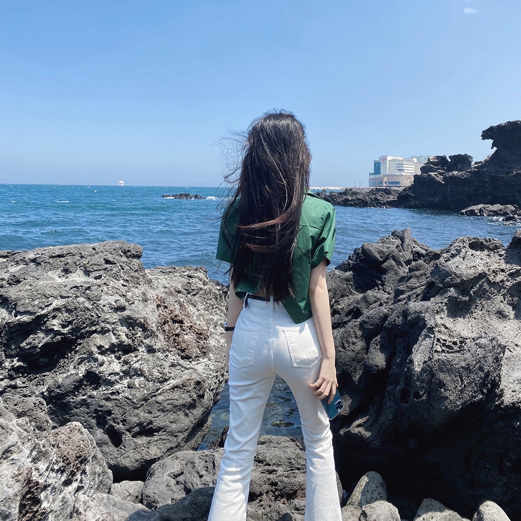 Áo Kiểu Tay Ngắn Dáng Rộng Màu Trơn Thiết Kế Xẻ Phong Cách Hàn Quốc