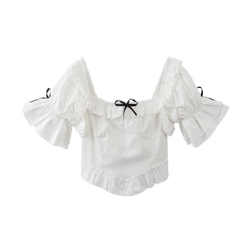 Jiashucheng Áo Kiểu Tay Ngắn Phồng Cổ Vuông Đính Nơ Phong Cách Pháp Ngọt Ngào Thời Trang Mùa Hè Cho Nữ