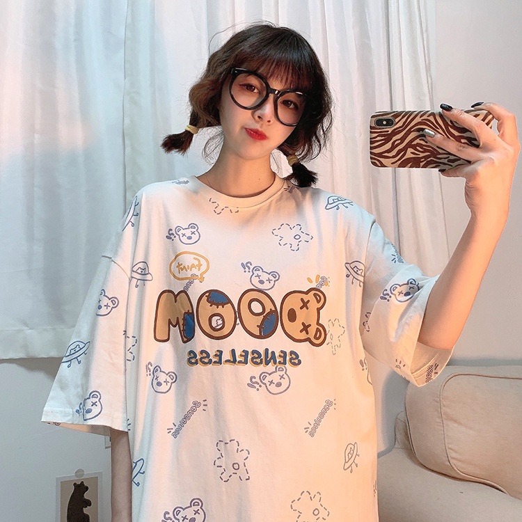 IELGY  Áo Thun Tay Ngắn Cổ Tròn In Họa Tiết Hoạt Hình Phong Cách Hàn Quốc Thời Trang Cho Nữ