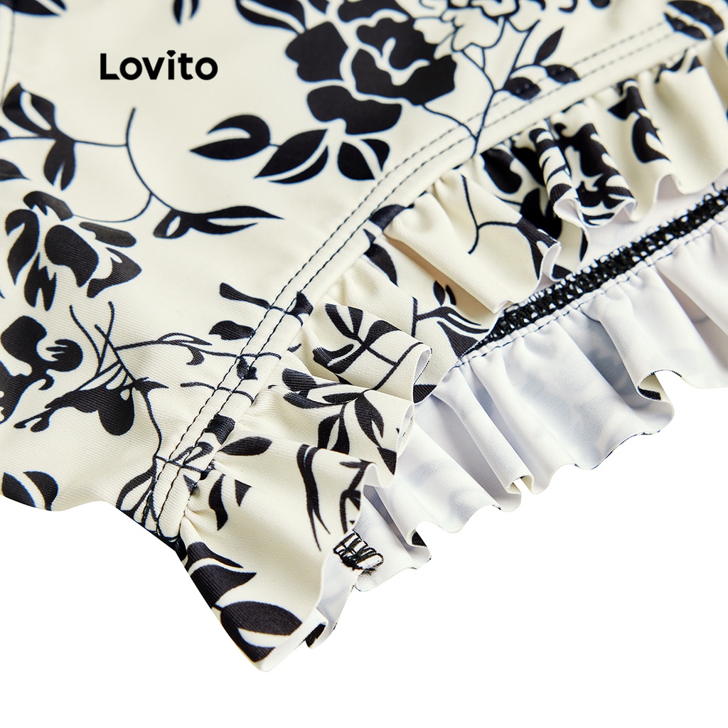 Đồ bơi một mảnh Lovito cổ vuông đệm ngực có thể tháo rời thắt dây phối dây tương phản họa tiết hoa cho nữ L48AD018 (màu đen)