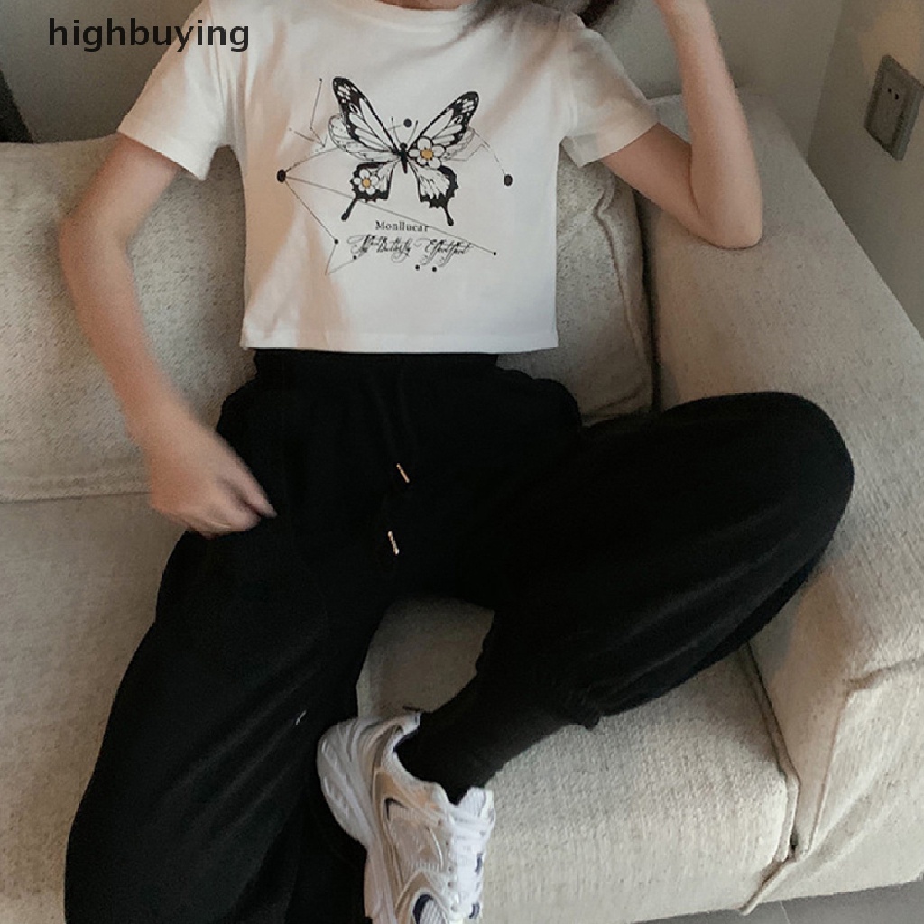 Áo Thun Lửng Ngắn Tay Cổ Tròn In Hình Bướm Thời Trang Cho Nữ